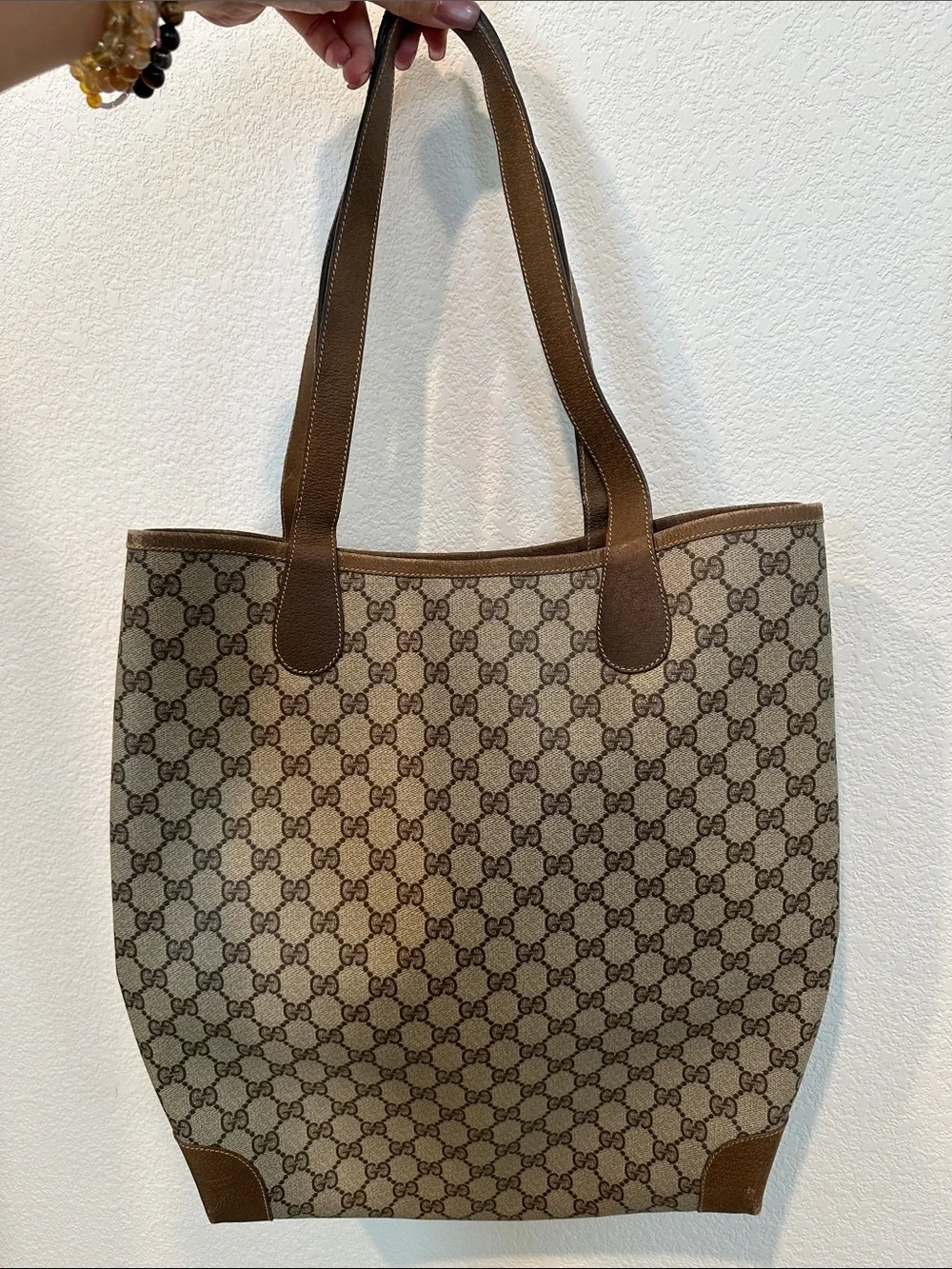 Gucci Beige Brown GG Supreme Tote with Green-Red Web Stripe